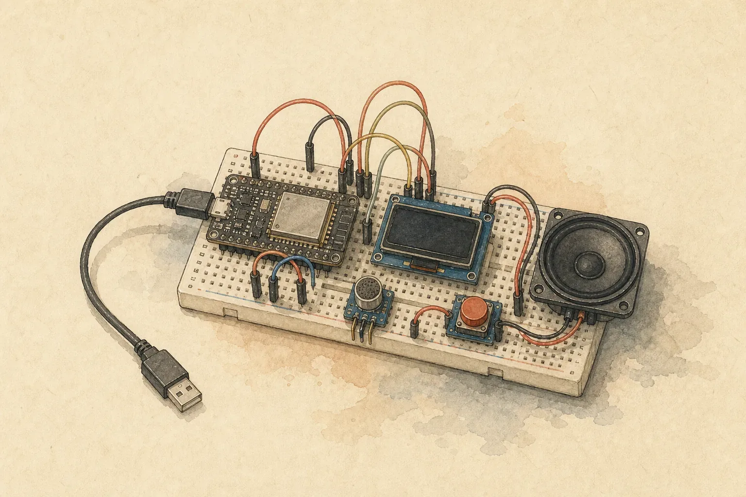 暖纸水彩插画：面包板上连接着 ESP32-S3 开发板、显示屏、麦克风、按钮和扬声器